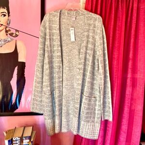 NWT Chico’s Frost Gray Mixed Plaid Duster Cardigan Long Sweater Womens 2 (Lg)